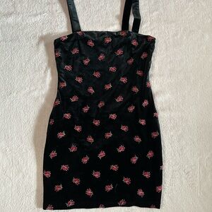 Forever 21 Black velvet mini bodycon dress with pink rose pattern